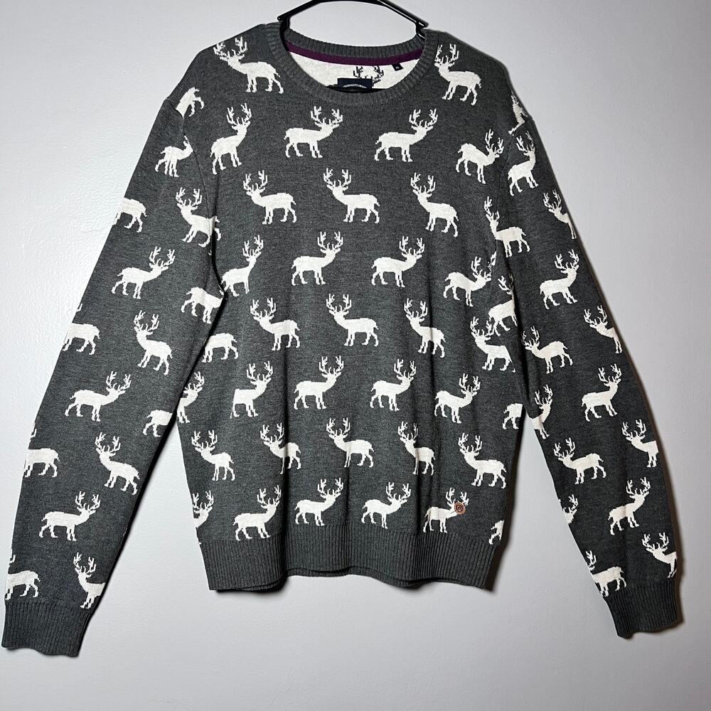 Lerros XL Reindeer Knit Sweater Gray Crewneck Winter Holiday Nordic Pullover
